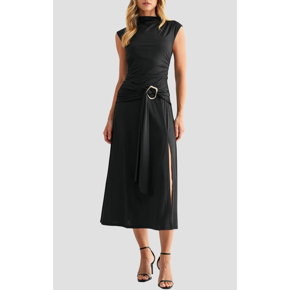 Black Belted Funnel Neck Midi Dress Cap Sleeve Mila Mae XL NWOT